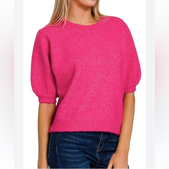 Melange Puff Short Sleeve Round Neck Sweater - Pink - Picture 2 of 2